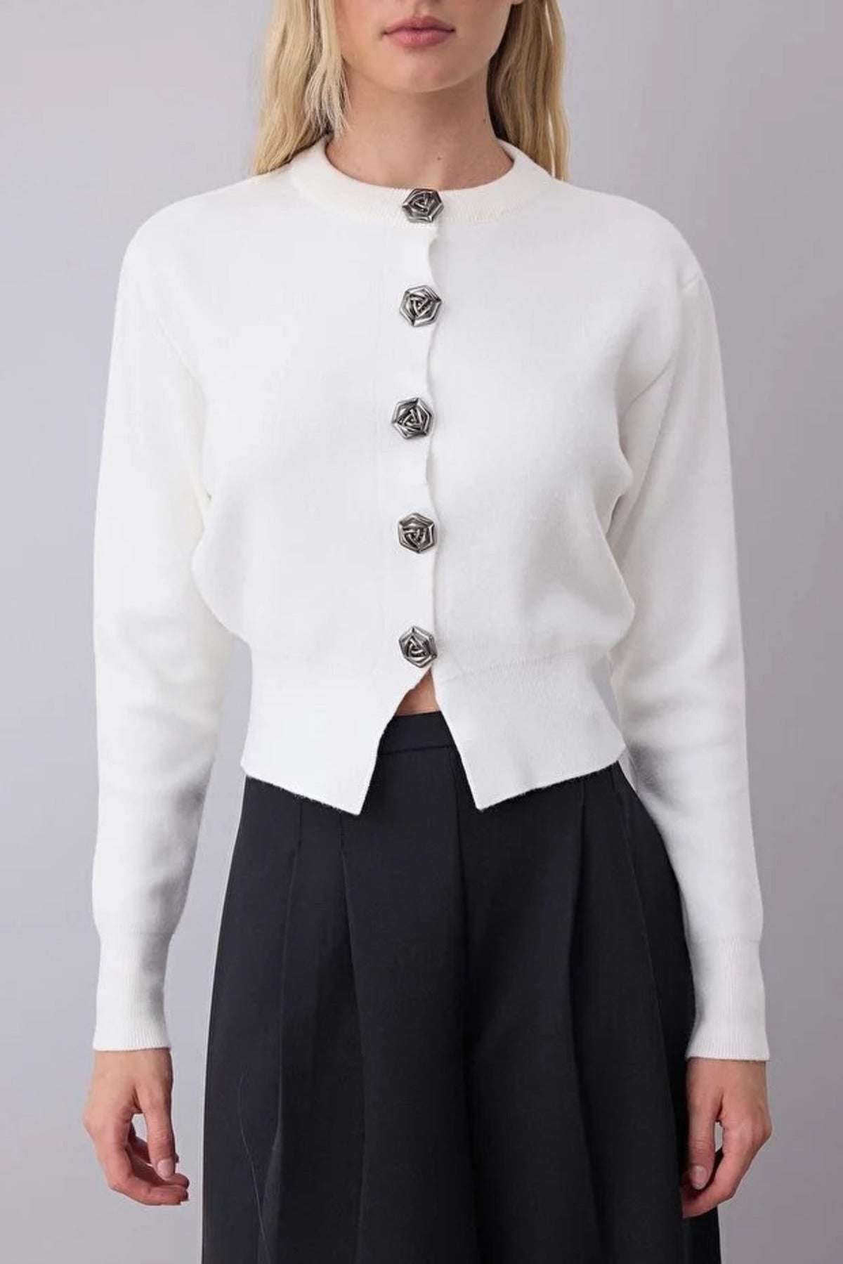 Premium Yarn Crop Knit Cardigan with Rose Button Detail