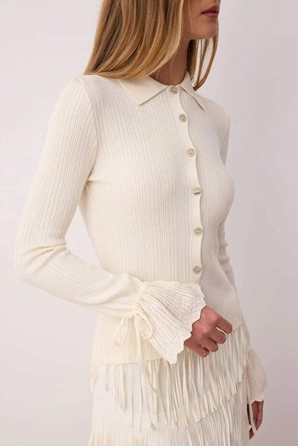 Mercerized Look Ribbed Polo Collar Knit Cardigan