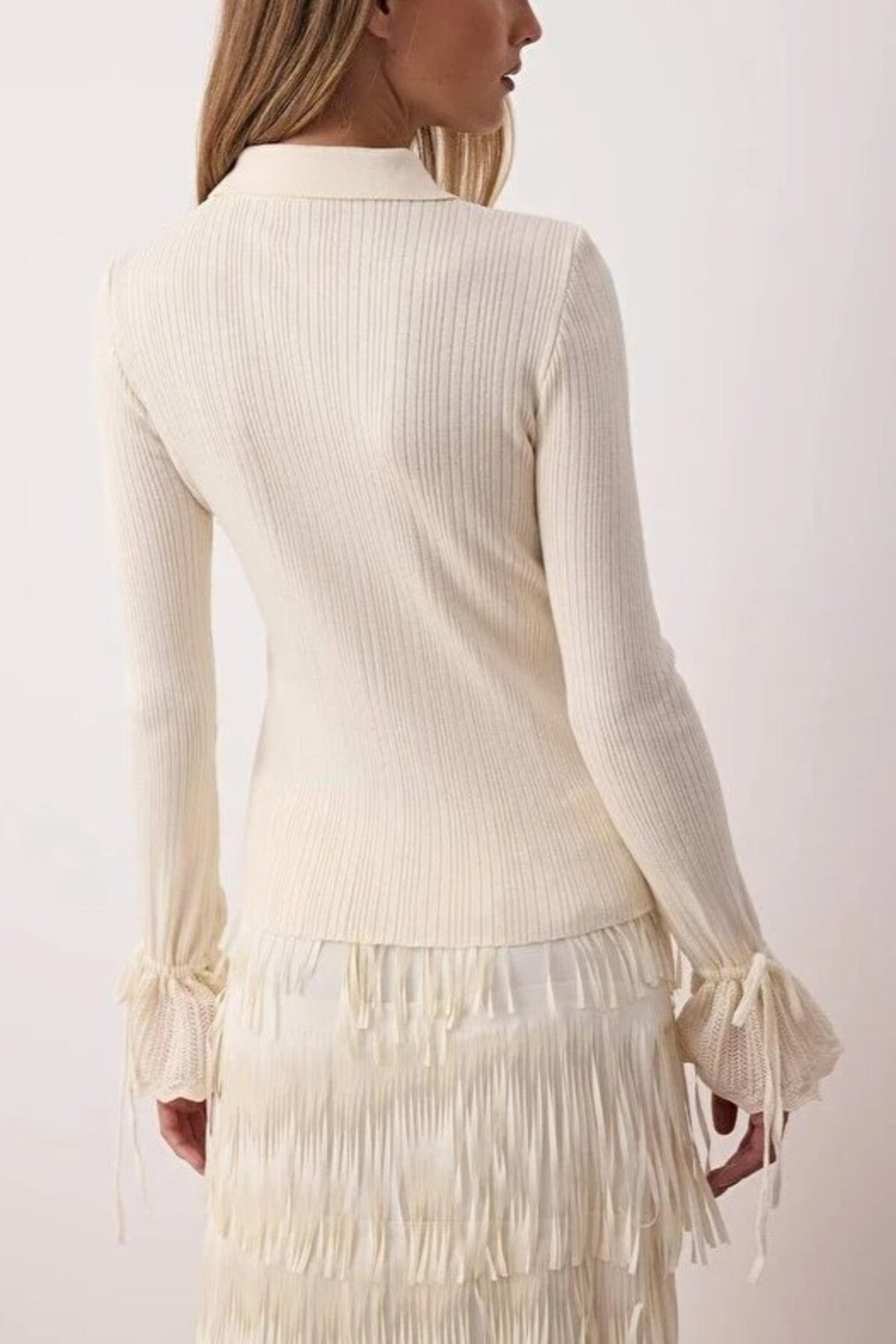 Mercerized Look Ribbed Polo Collar Knit Cardigan