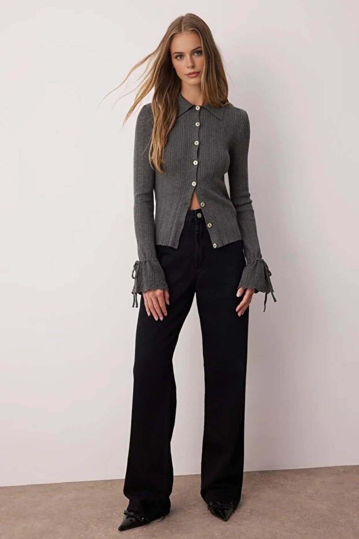 Mercerized Look Ribbed Polo Collar Knit Cardigan