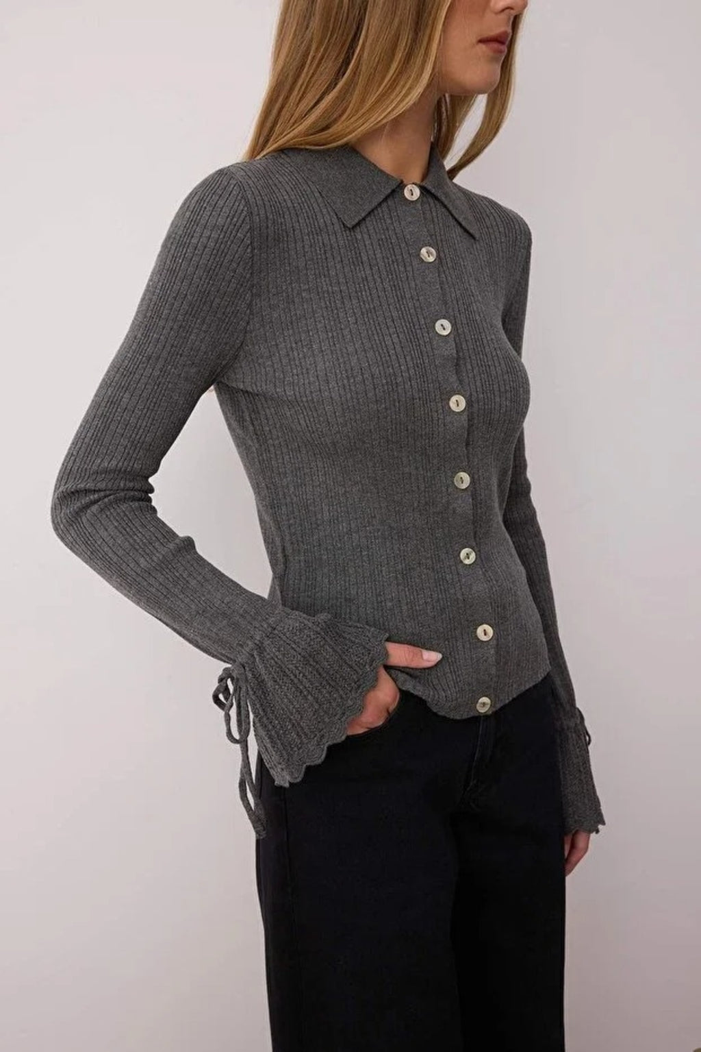 Mercerized Look Ribbed Polo Collar Knit Cardigan