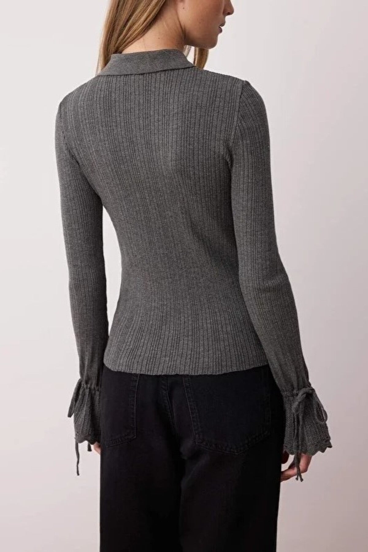 Mercerized Look Ribbed Polo Collar Knit Cardigan