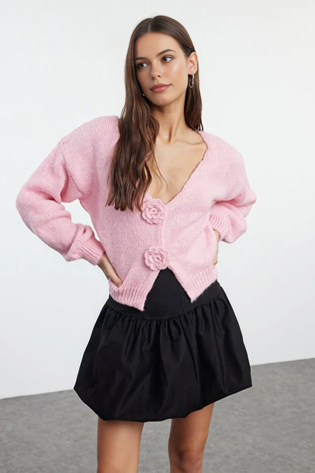 Soft Textured Knit Cardigan with Rose Detail