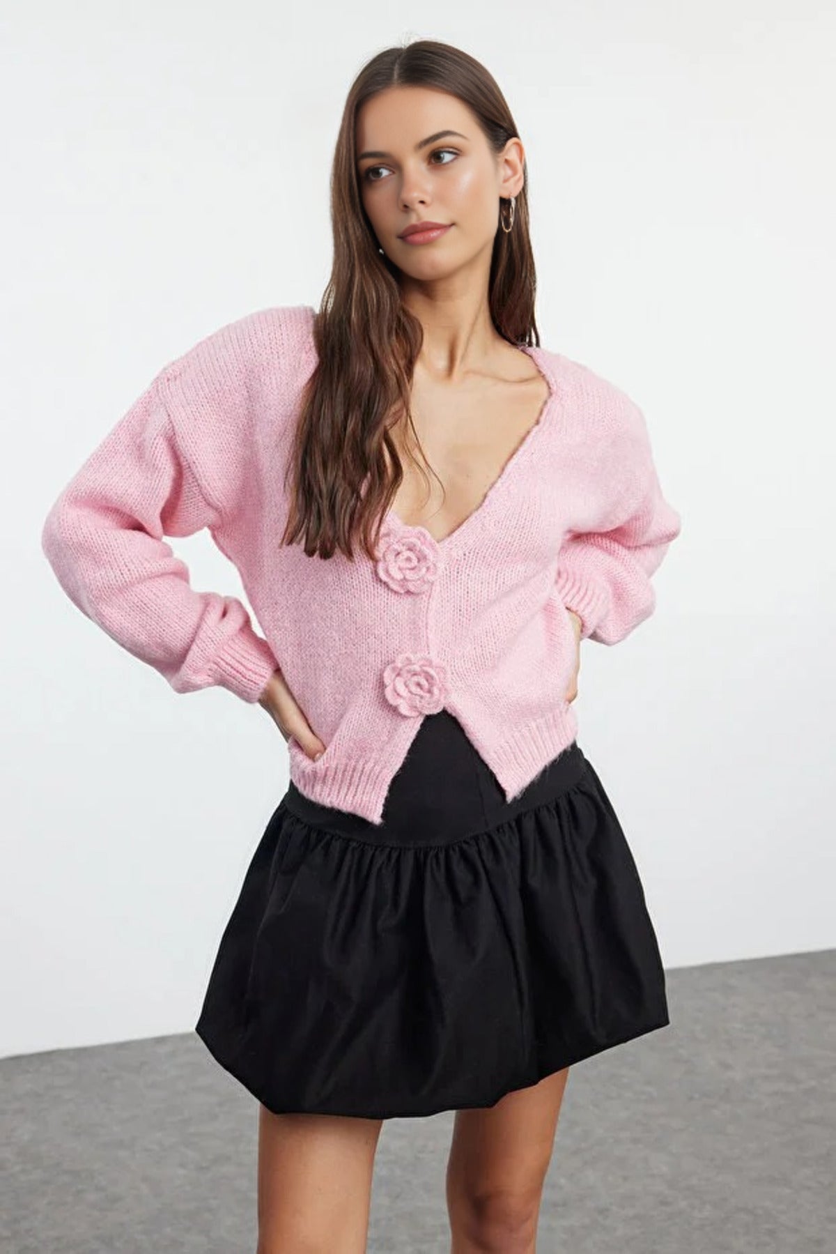 Soft Textured Knit Cardigan with Rose Detail