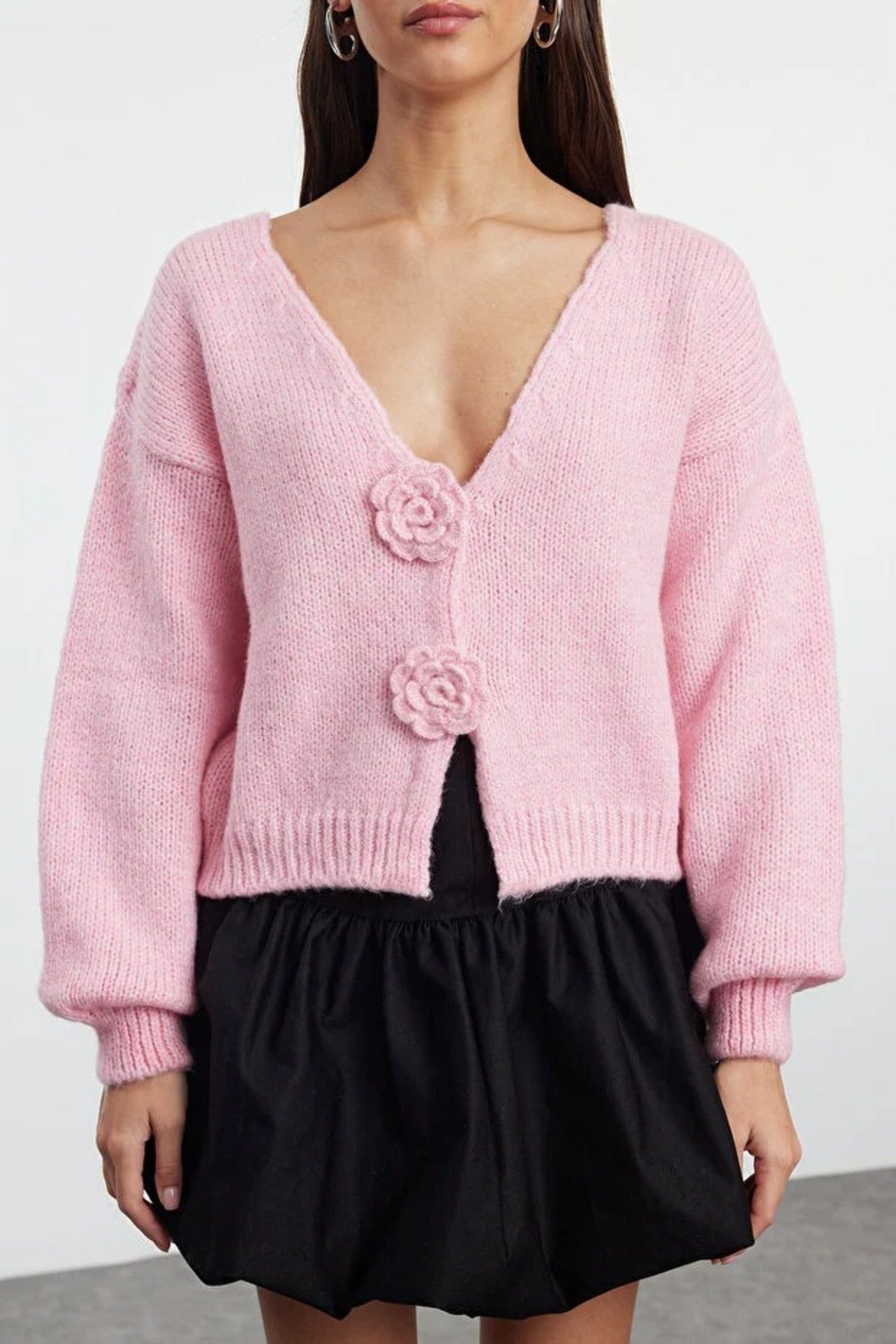 Soft Textured Knit Cardigan with Rose Detail