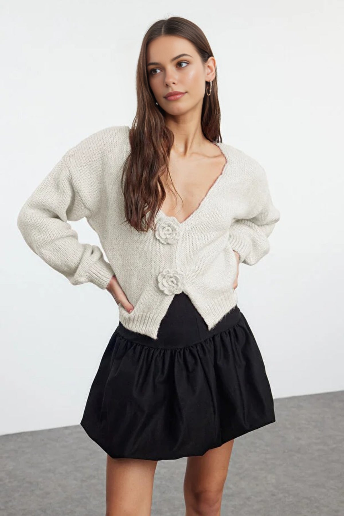 Soft Textured Knit Cardigan with Rose Detail