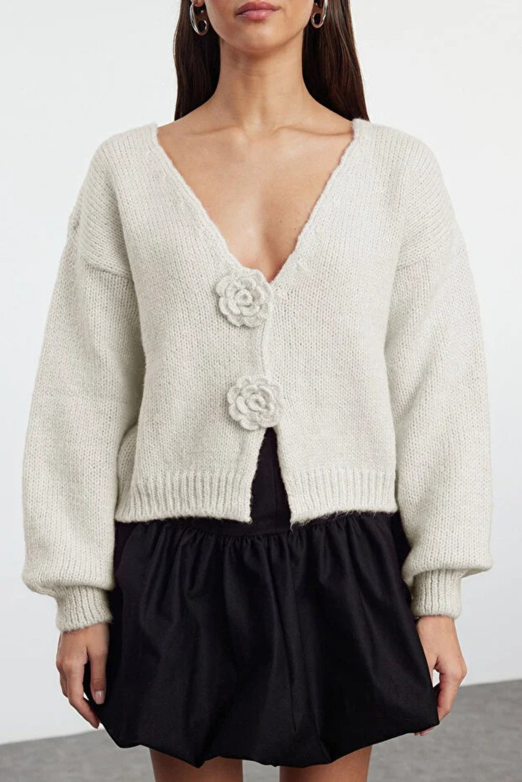 Soft Textured Knit Cardigan with Rose Detail