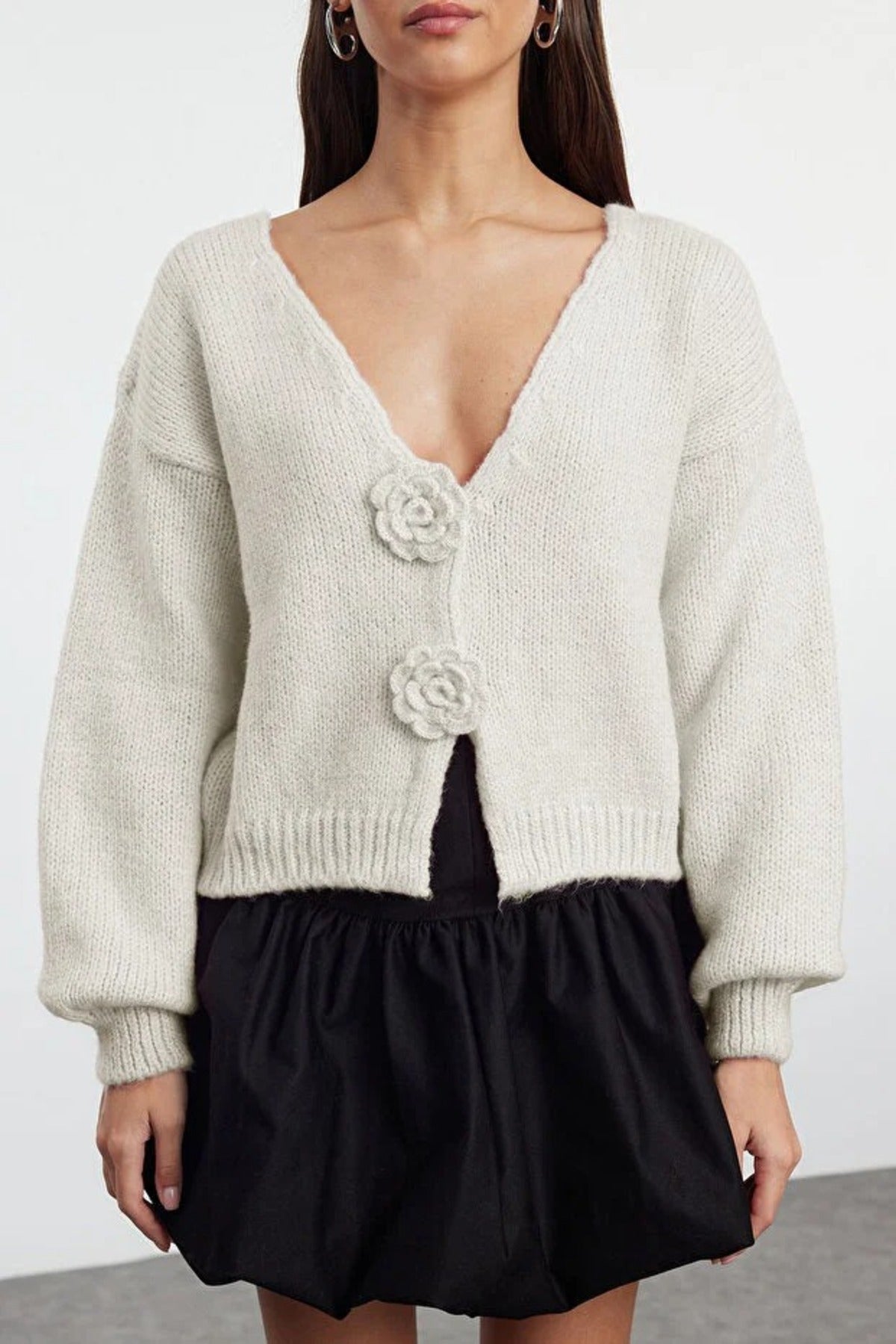 Soft Textured Knit Cardigan with Rose Detail