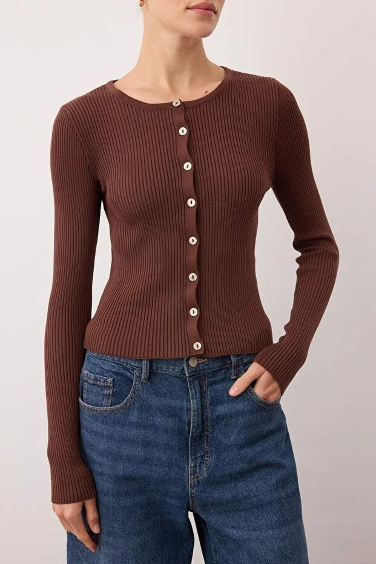 Mercerized Look Ribbed Knit Cardigan