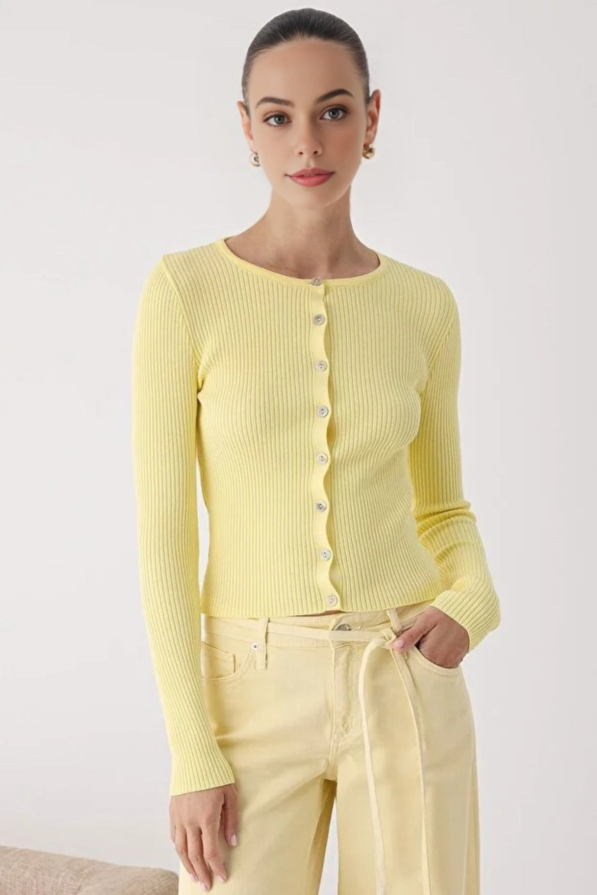 Mercerized Look Ribbed Knit Cardigan