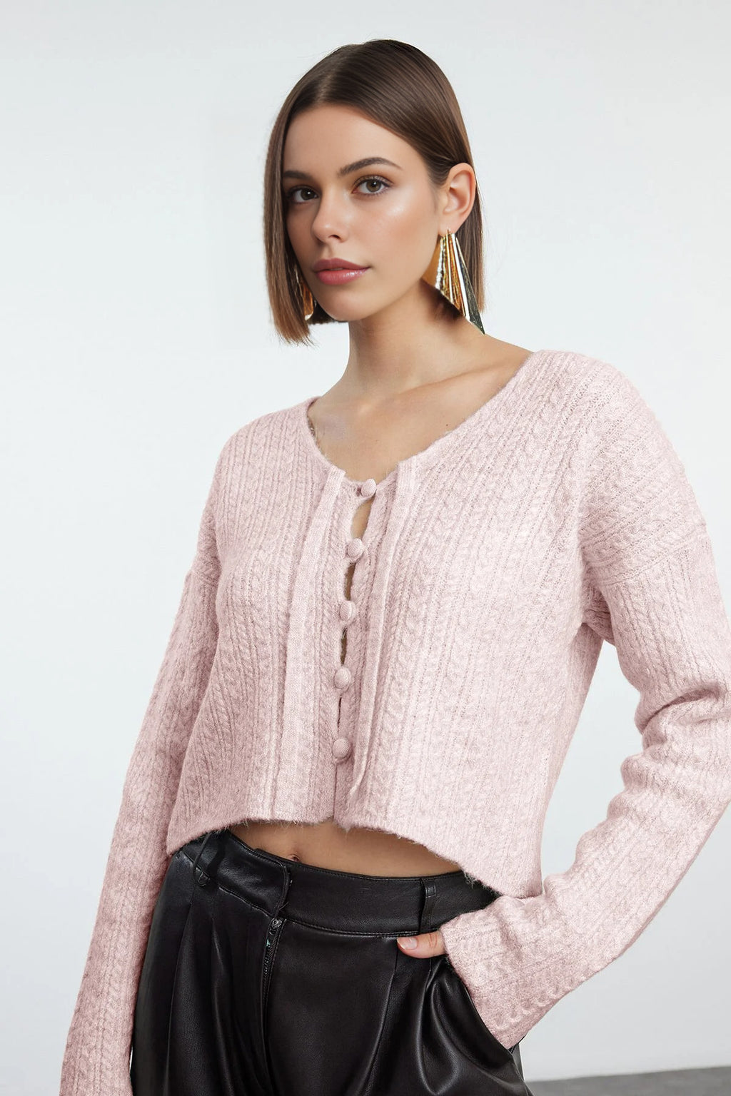 Crop Soft Textured Knit Cardigan with Button Detail