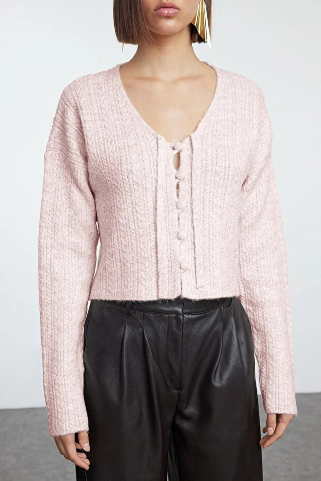Crop Soft Textured Knit Cardigan with Button Detail