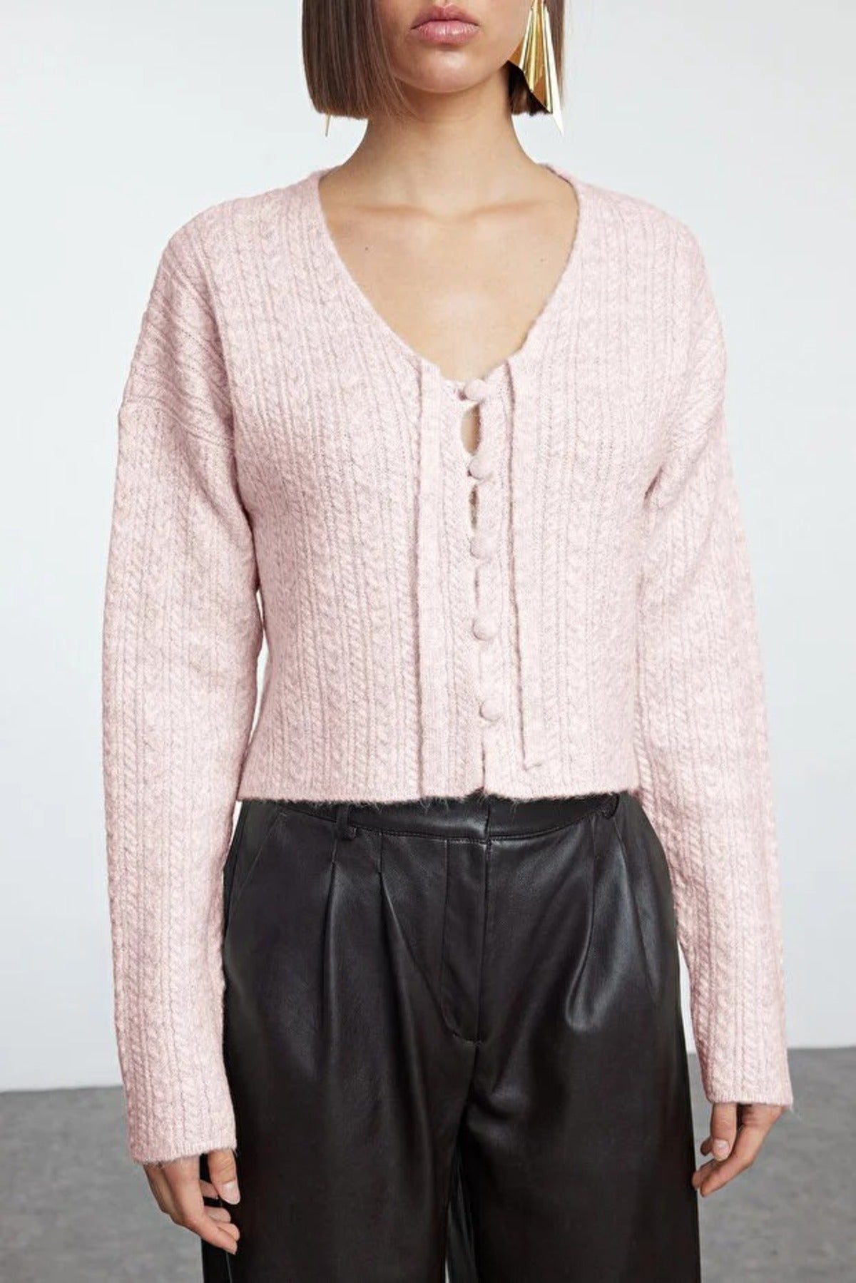 Crop Soft Textured Knit Cardigan with Button Detail