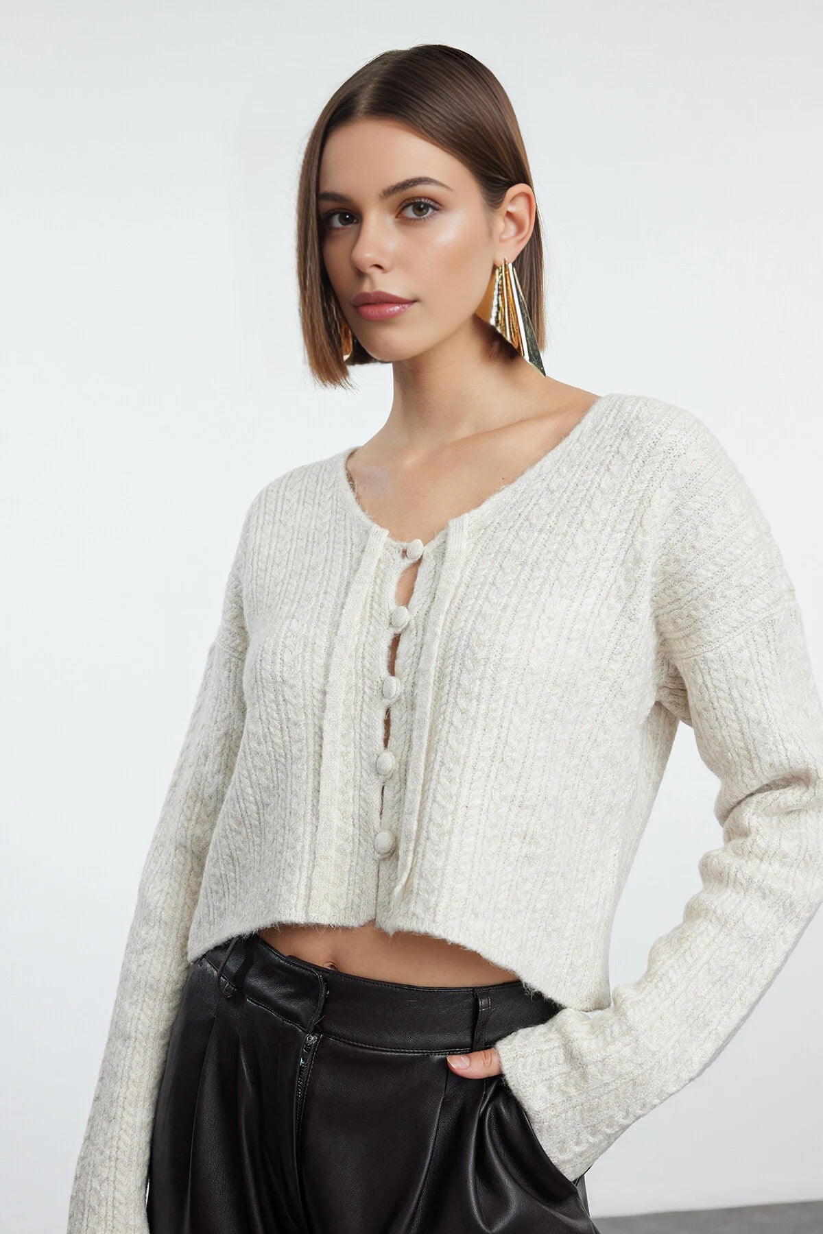 Crop Soft Textured Knit Cardigan with Button Detail