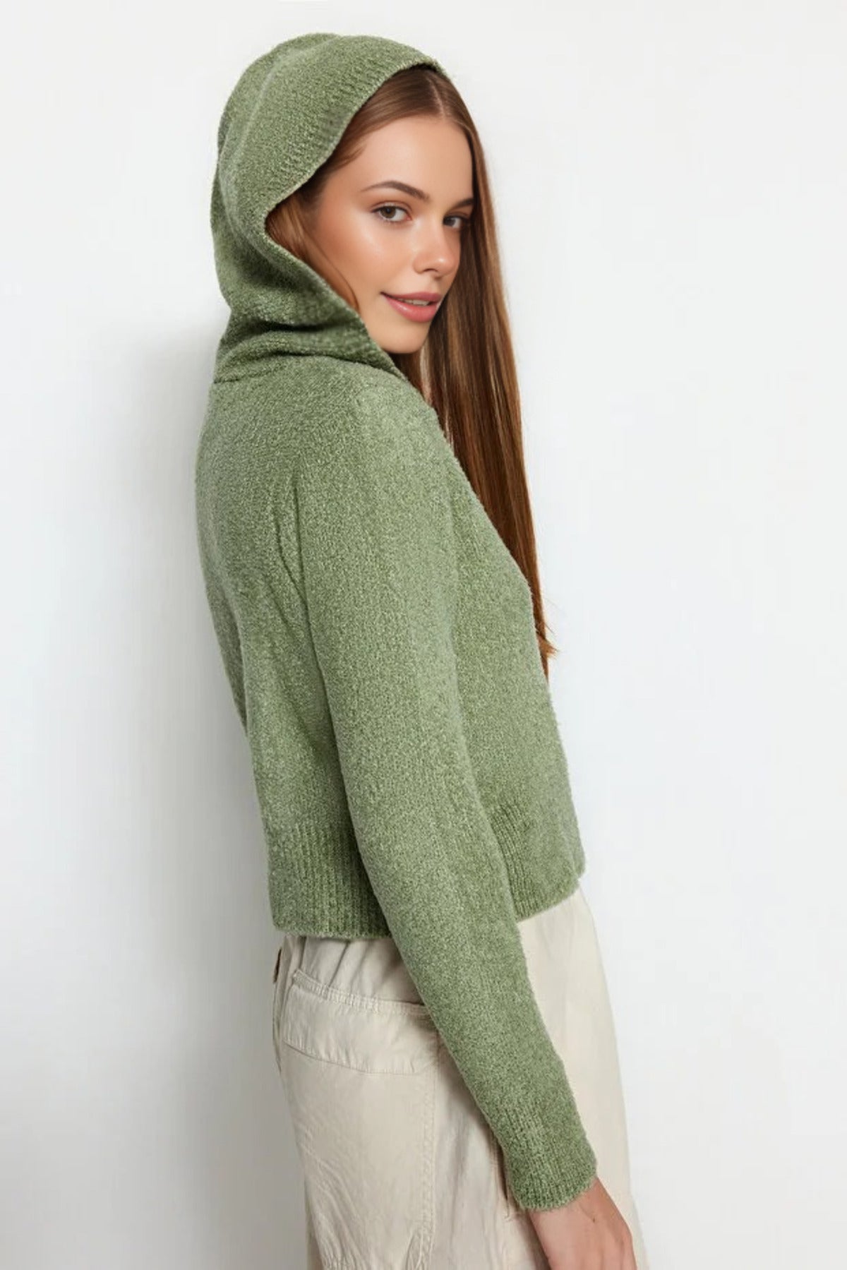 Hooded Zippered Knit Crop Cardigan