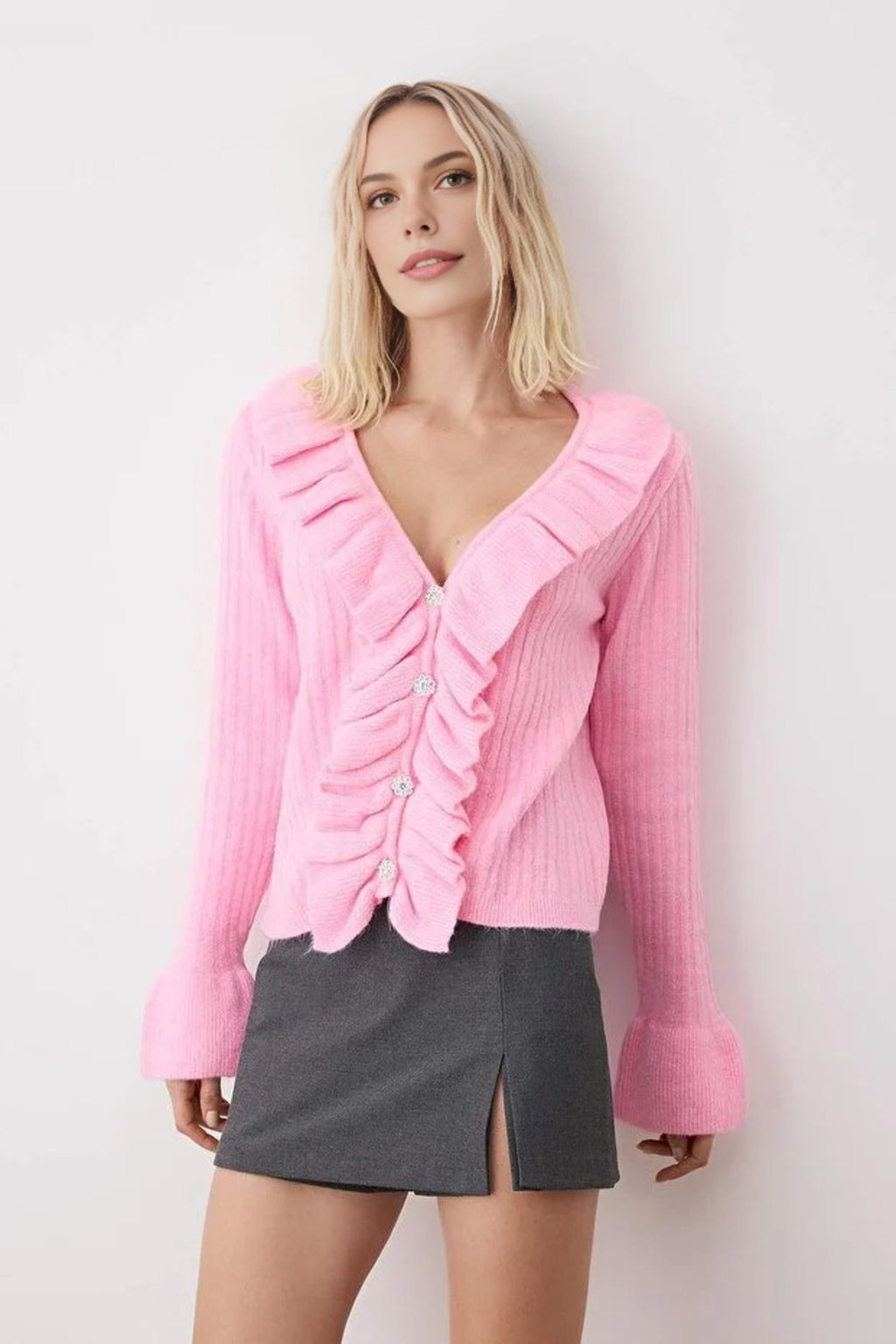 V-Neck Soft Texture Knit Cardigan with Button and Ruffle Detailed