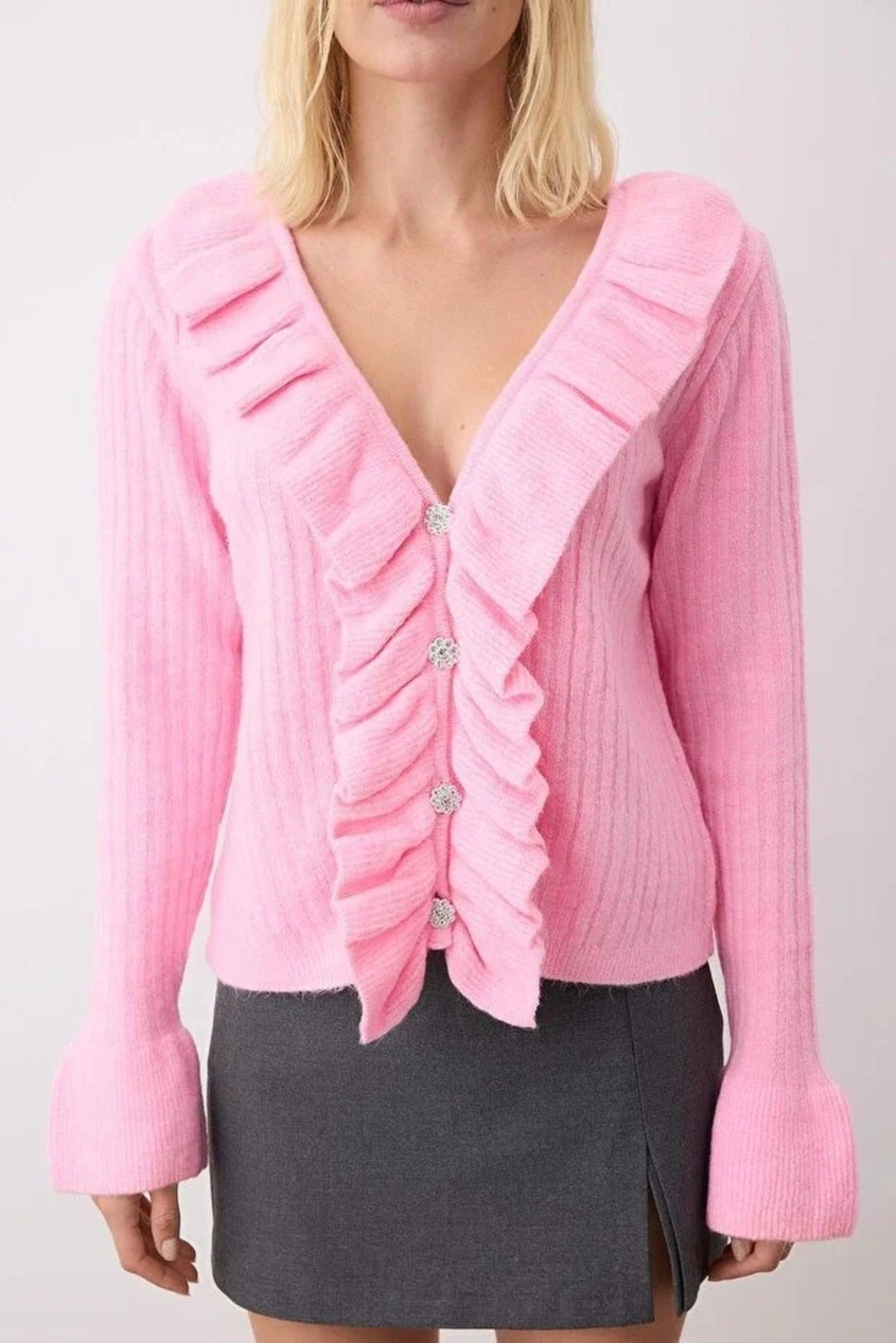 V-Neck Soft Texture Knit Cardigan with Button and Ruffle Detailed