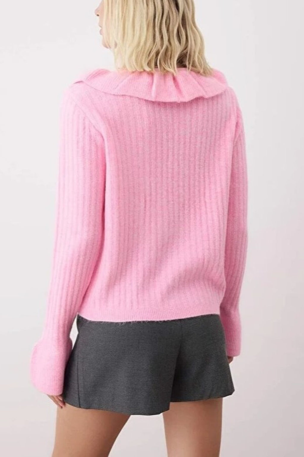 V-Neck Soft Texture Knit Cardigan with Button and Ruffle Detailed