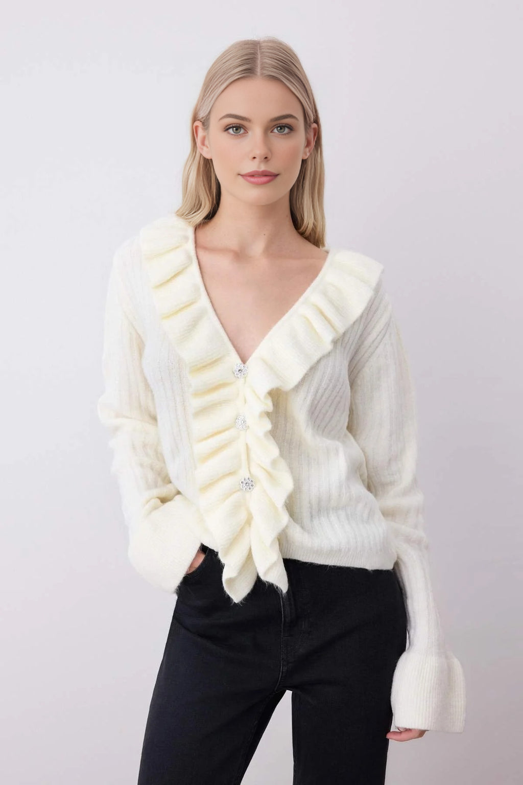 V-Neck Soft Texture Knit Cardigan with Button and Ruffle Detailed