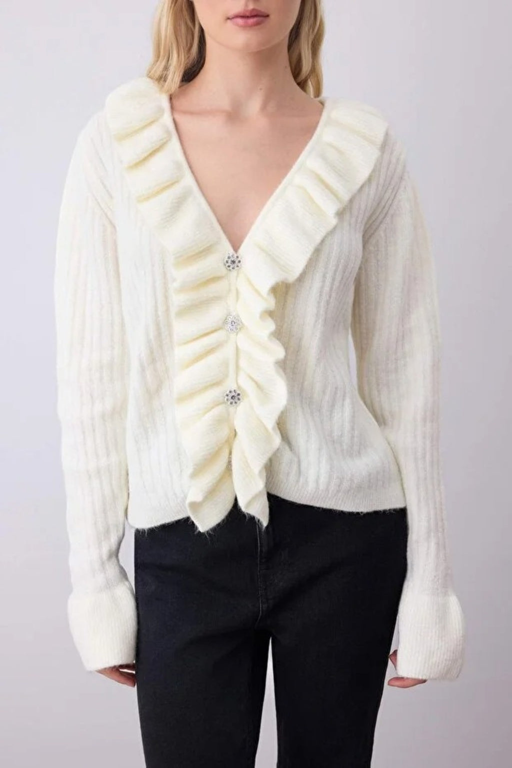 V-Neck Soft Texture Knit Cardigan with Button and Ruffle Detailed