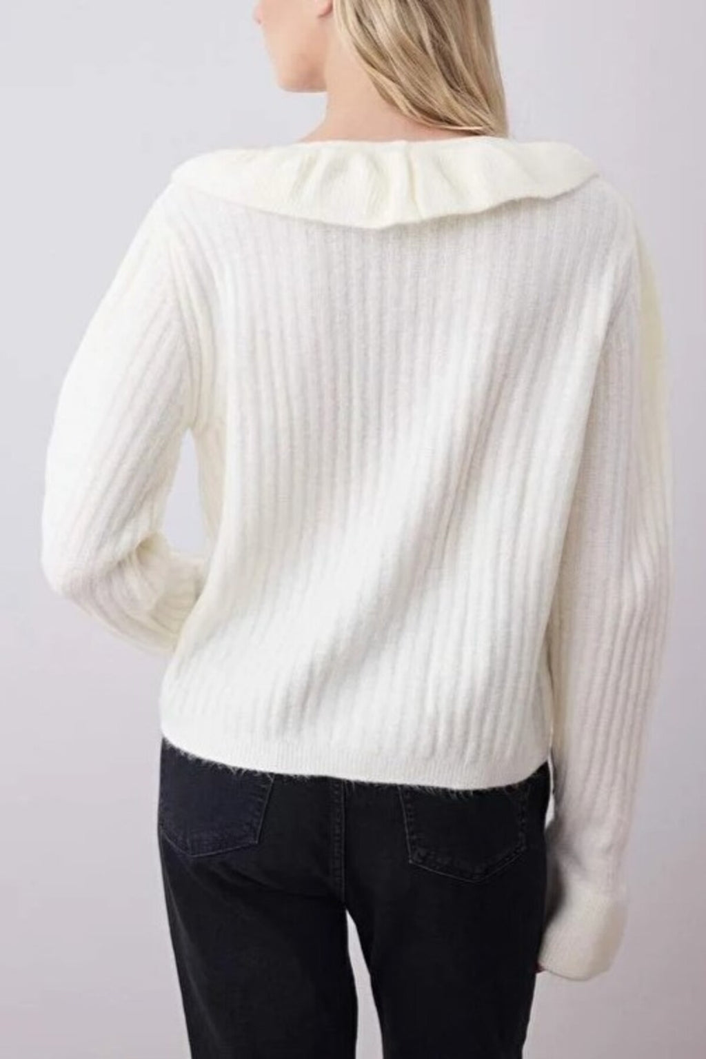 V-Neck Soft Texture Knit Cardigan with Button and Ruffle Detailed