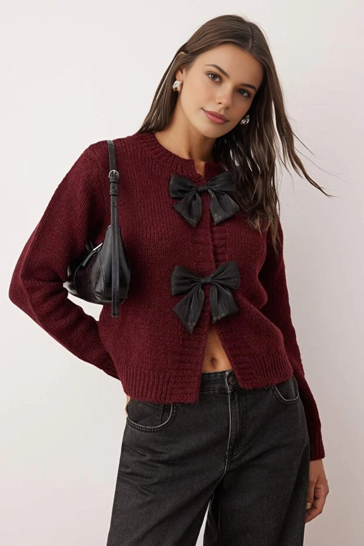 Crew Neck Knit Cardigan with Ribbon Detail