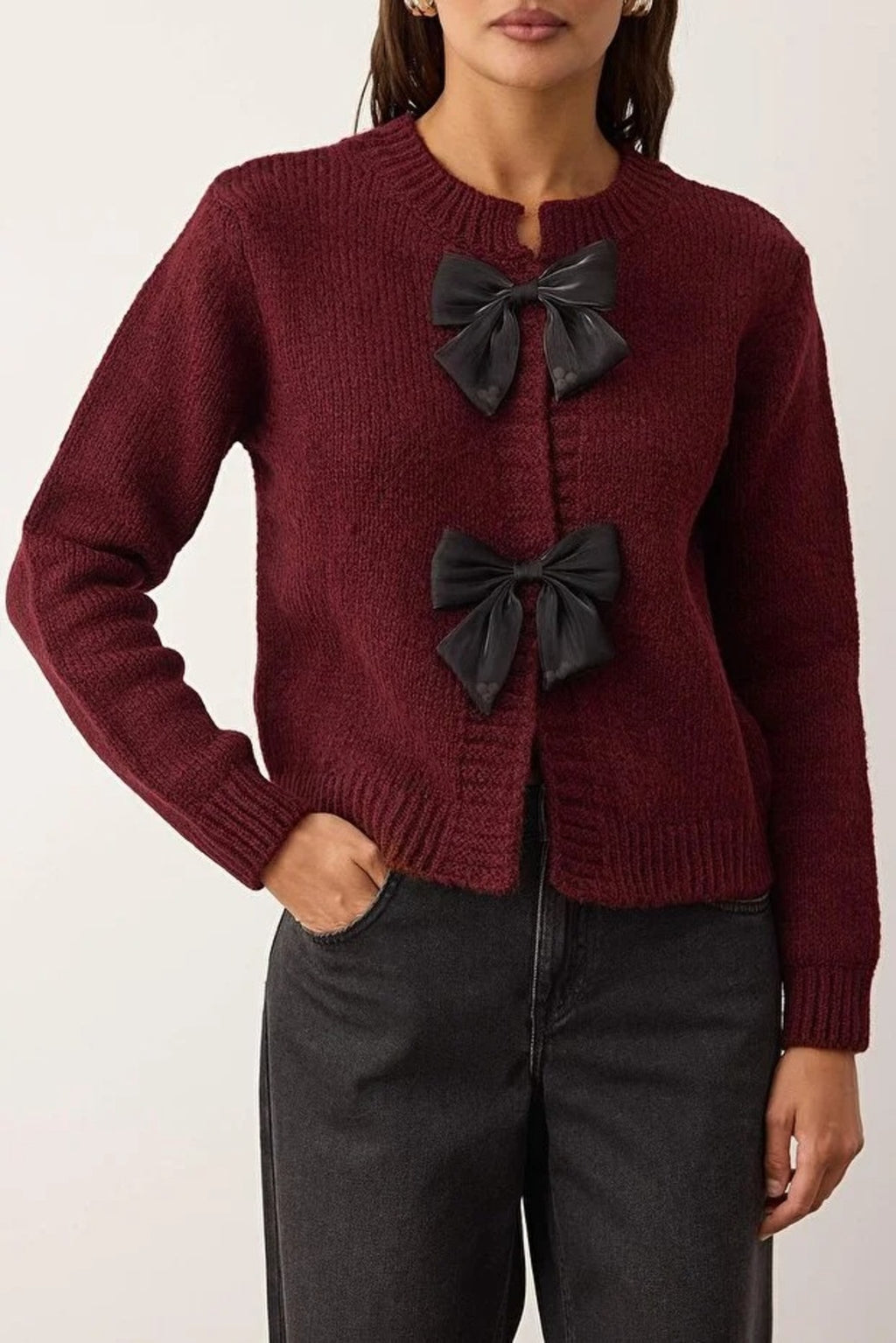 Crew Neck Knit Cardigan with Ribbon Detail