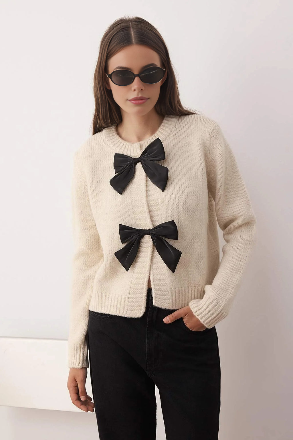 Crew Neck Knit Cardigan with Ribbon Detail