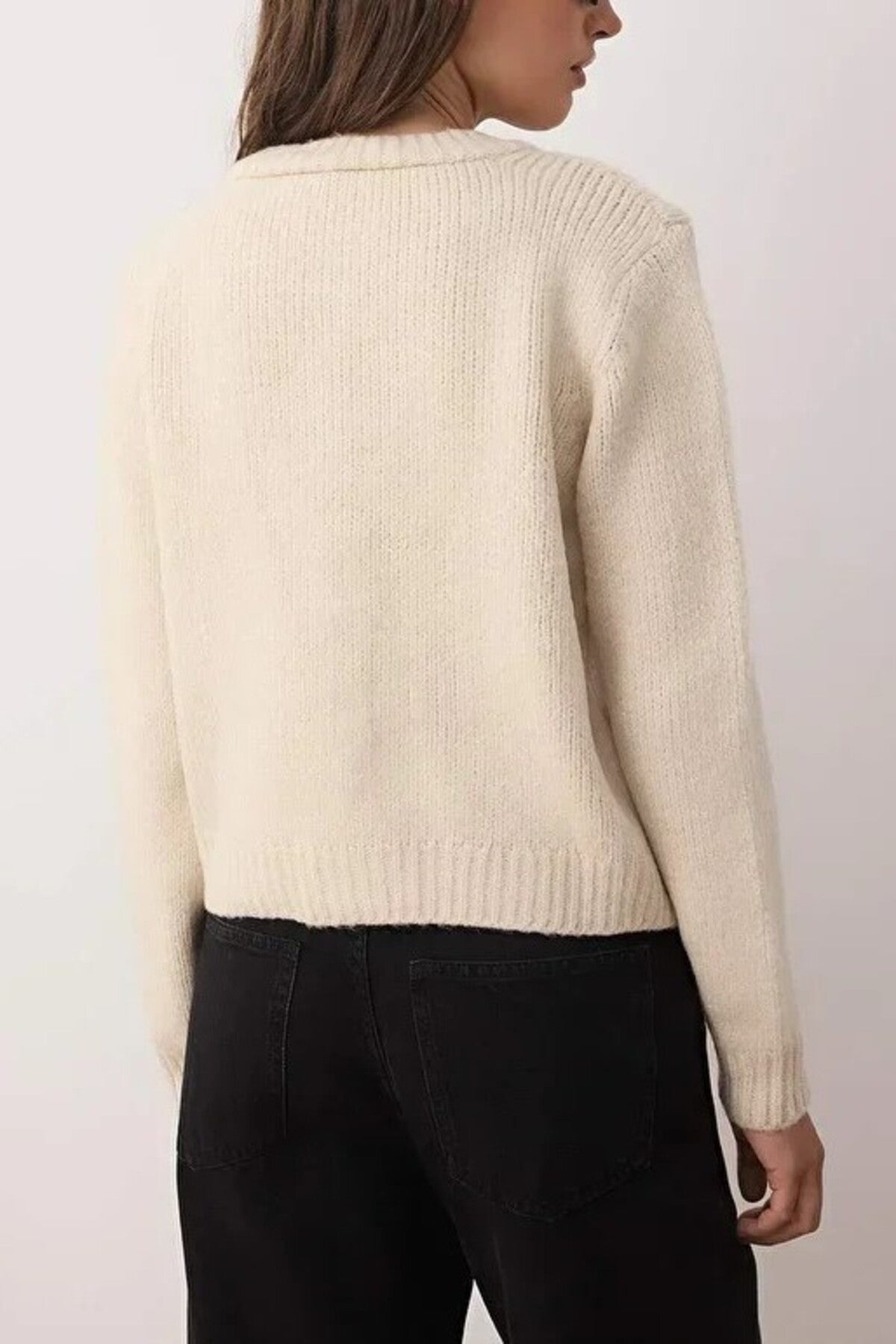 Crew Neck Knit Cardigan with Ribbon Detail