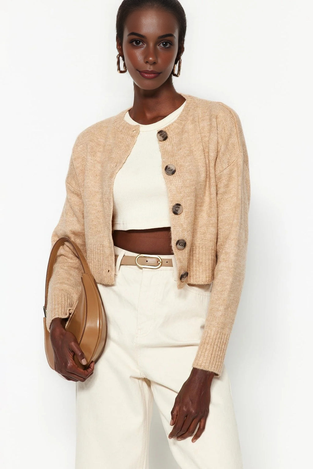 Crop Soft Textured Buttoned Knit Cardigan