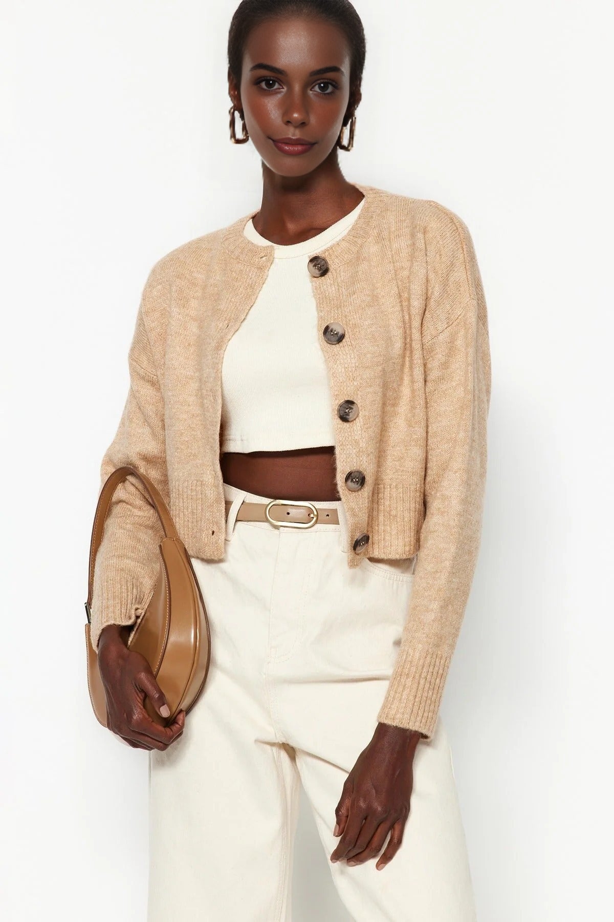 Crop Soft Textured Buttoned Knit Cardigan