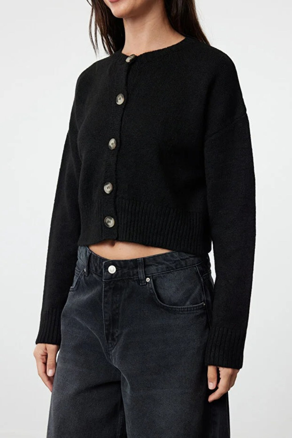 Crop Soft Textured Buttoned Knit Cardigan