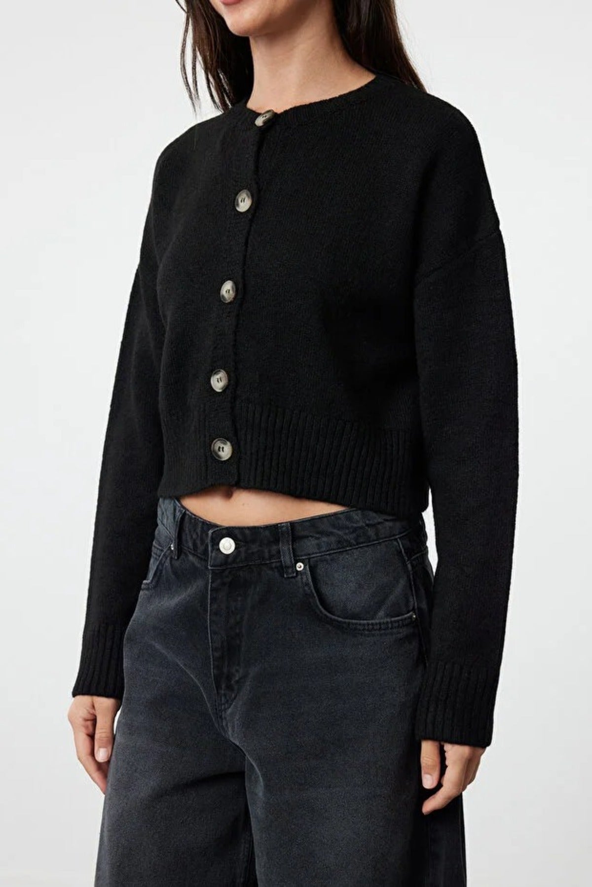 Crop Soft Textured Buttoned Knit Cardigan