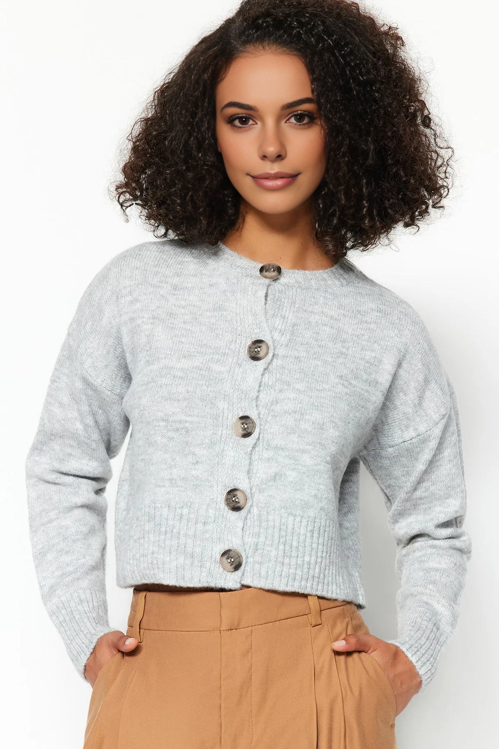 Crop Soft Textured Buttoned Knit Cardigan