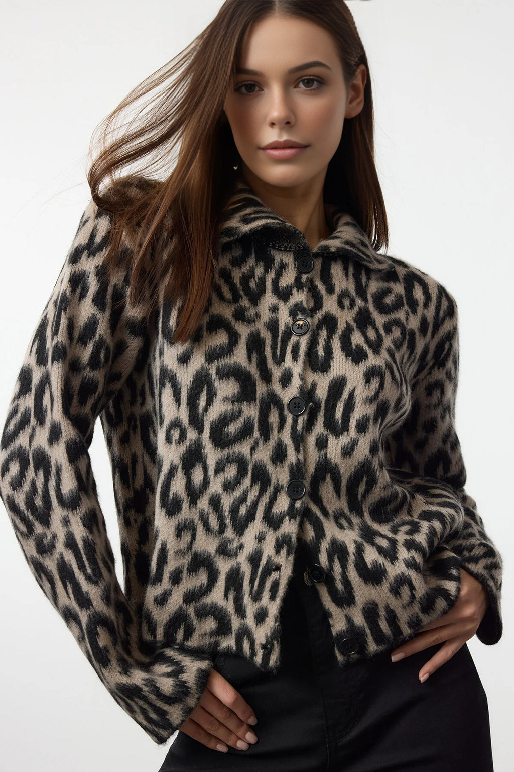 Leopard Print Polo Neck Knit Cardigan