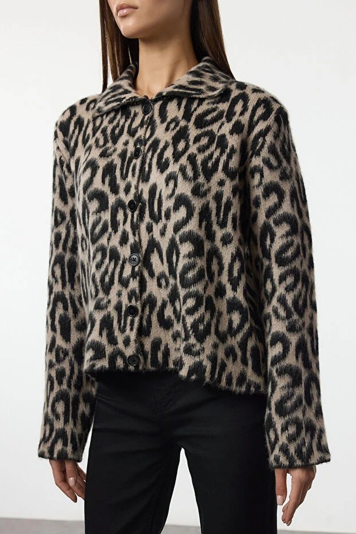 Leopard Print Polo Neck Knit Cardigan
