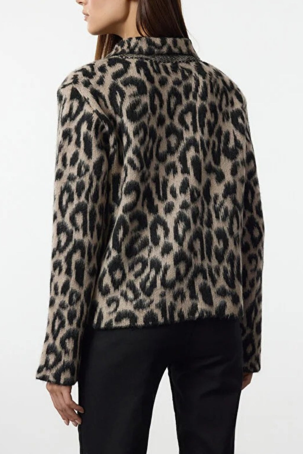 Leopard Print Polo Neck Knit Cardigan