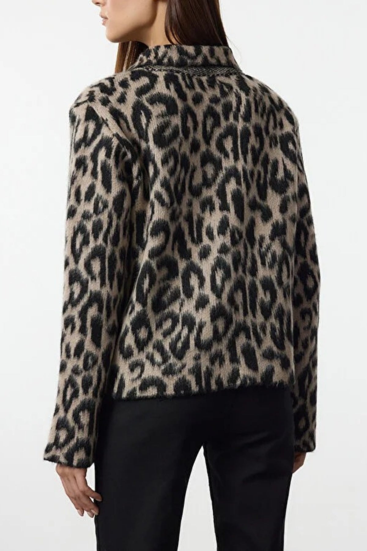 Leopard Print Polo Neck Knit Cardigan