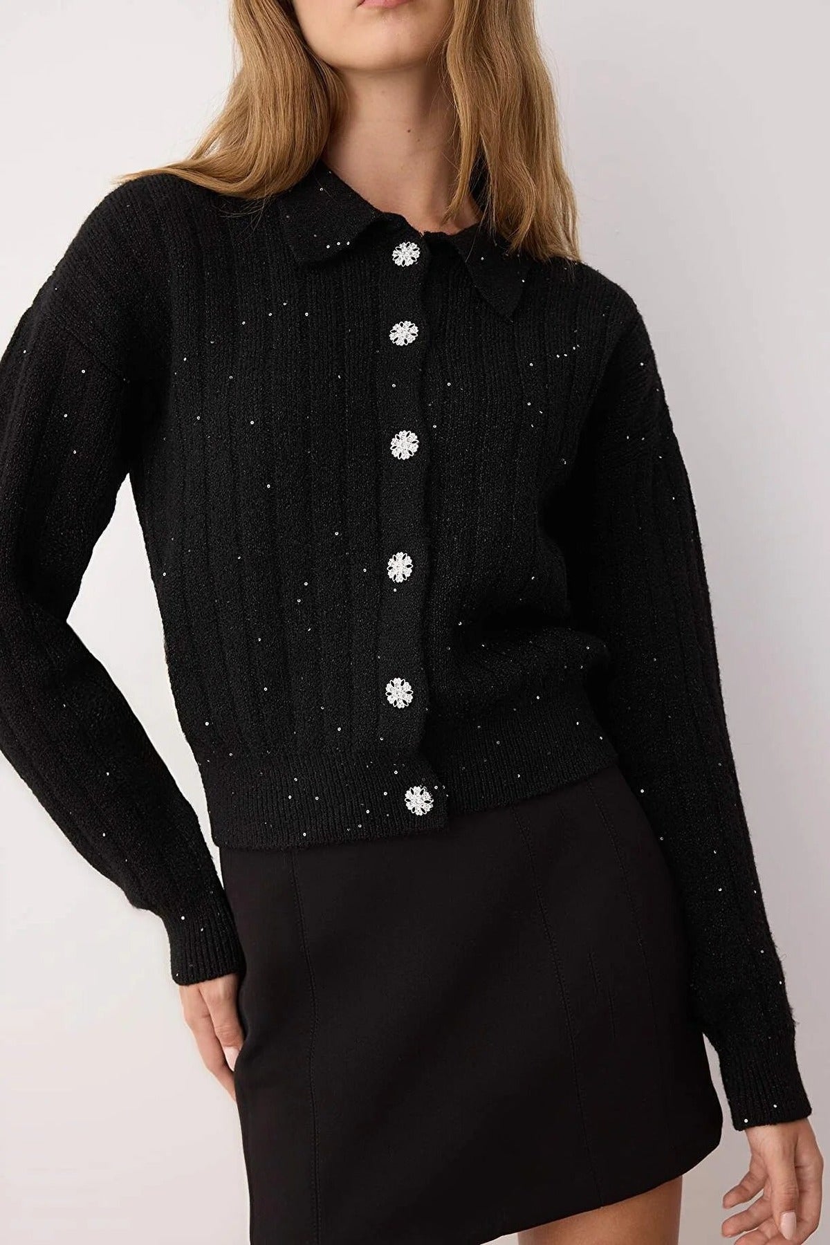 Sequined Knit Cardigan with Button Detail