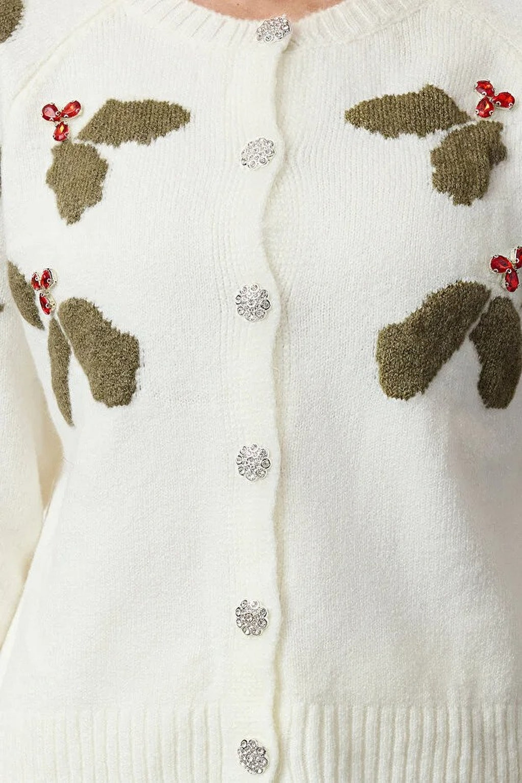 Chrismas Themed Soft-Textured Knit Cardigan with Stone and Button Details