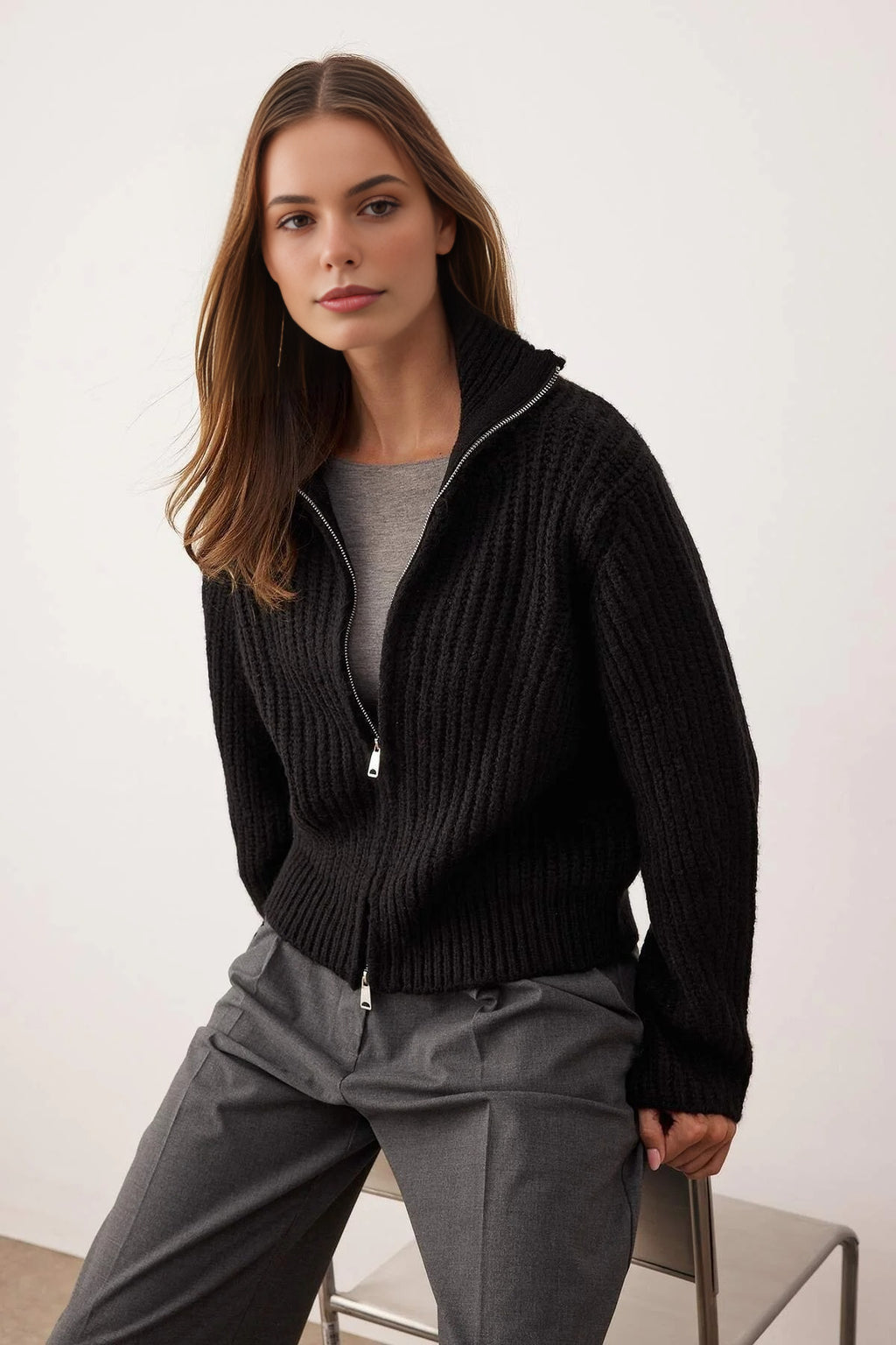 Soft-Textured Oversize Knit Cardigan with Zipper Detail