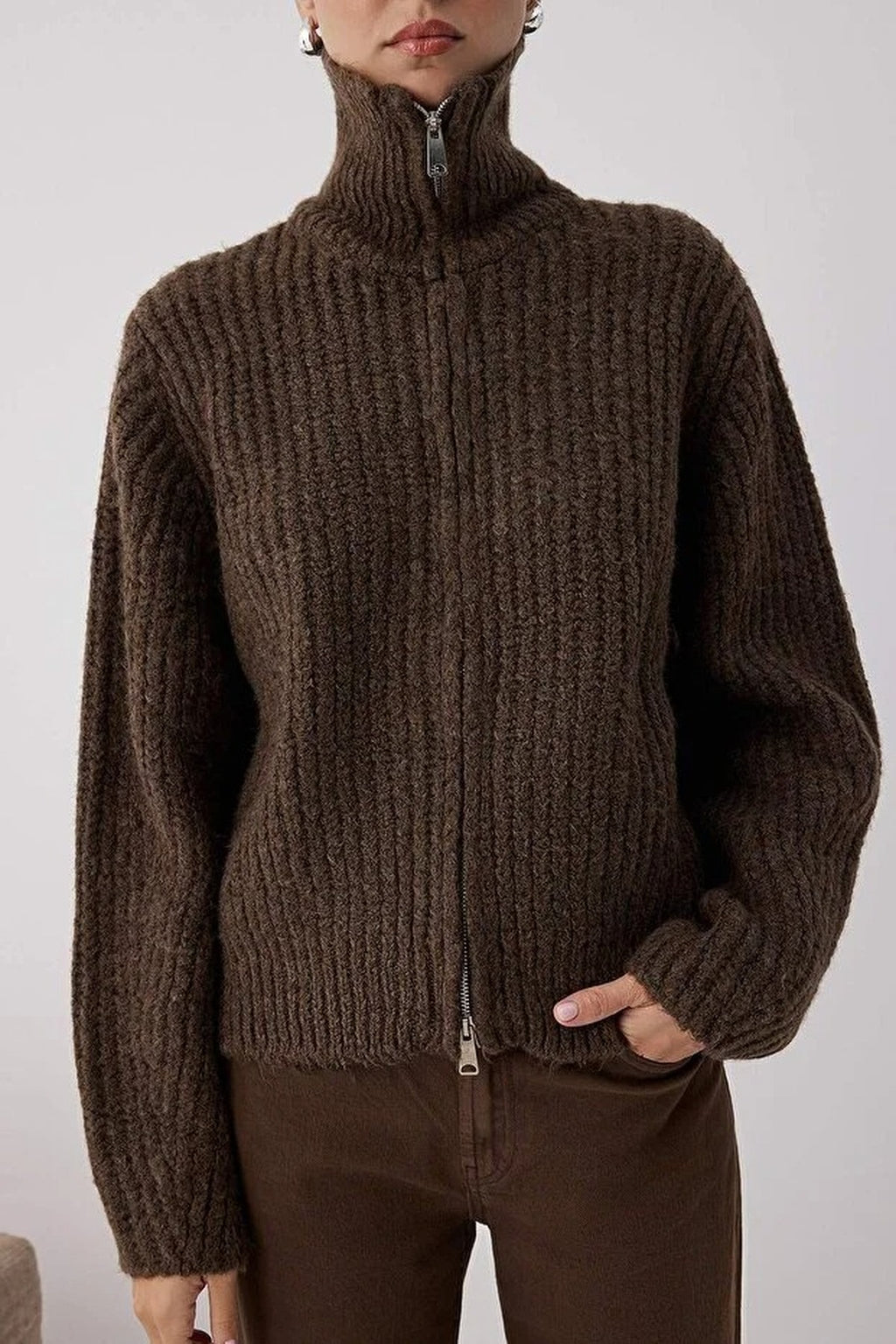 Soft-Textured Oversize Knit Cardigan with Zipper Detail