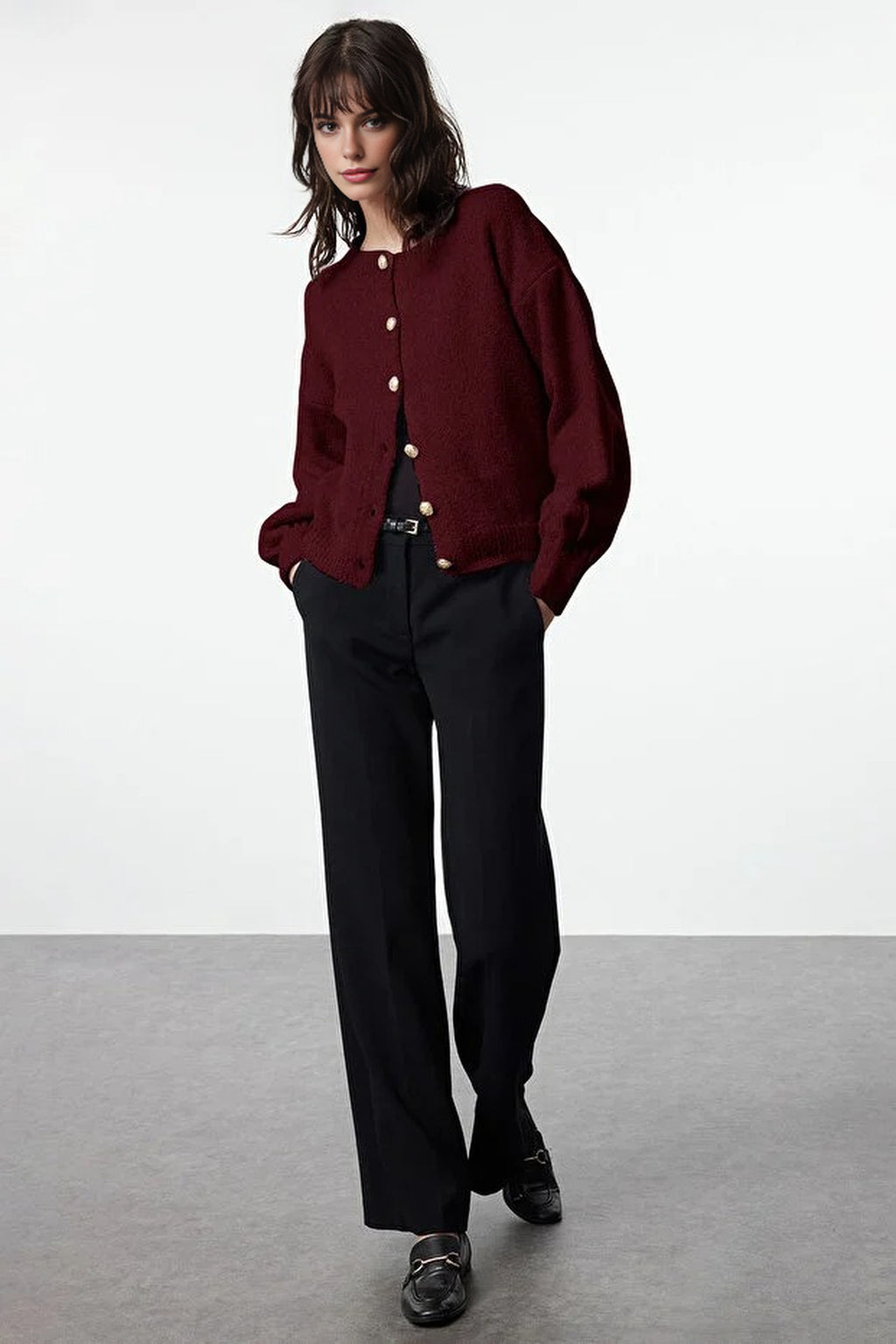 Soft-Textured Knit Cardigan with Button Detail and Balloon Sleeves