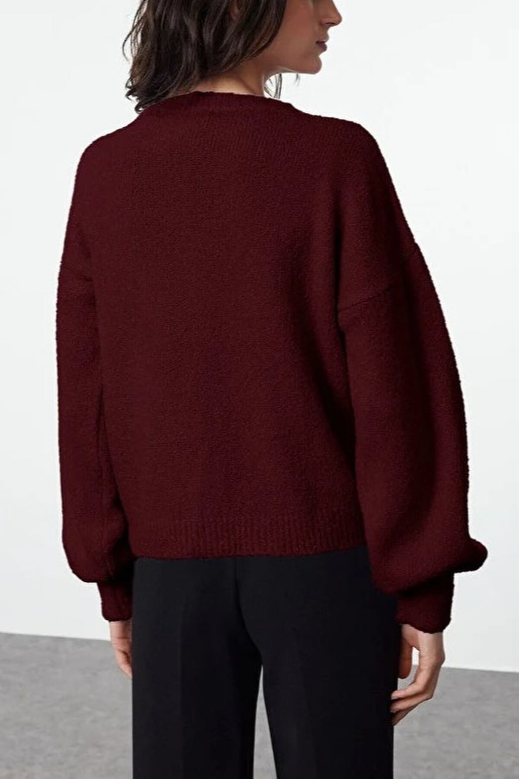 Soft-Textured Knit Cardigan with Button Detail and Balloon Sleeves