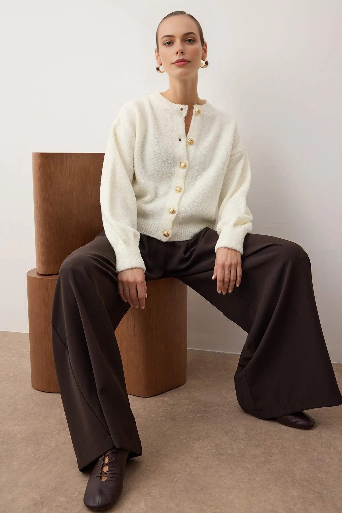 Soft-Textured Knit Cardigan with Button Detail and Balloon Sleeves