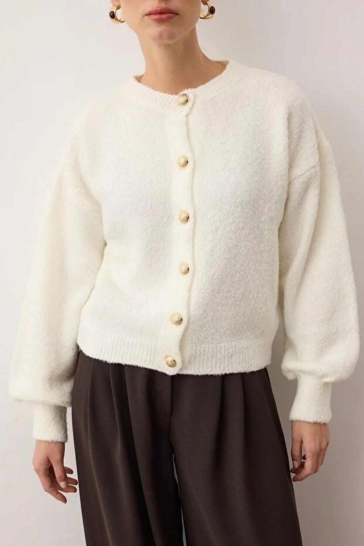 Soft-Textured Knit Cardigan with Button Detail and Balloon Sleeves