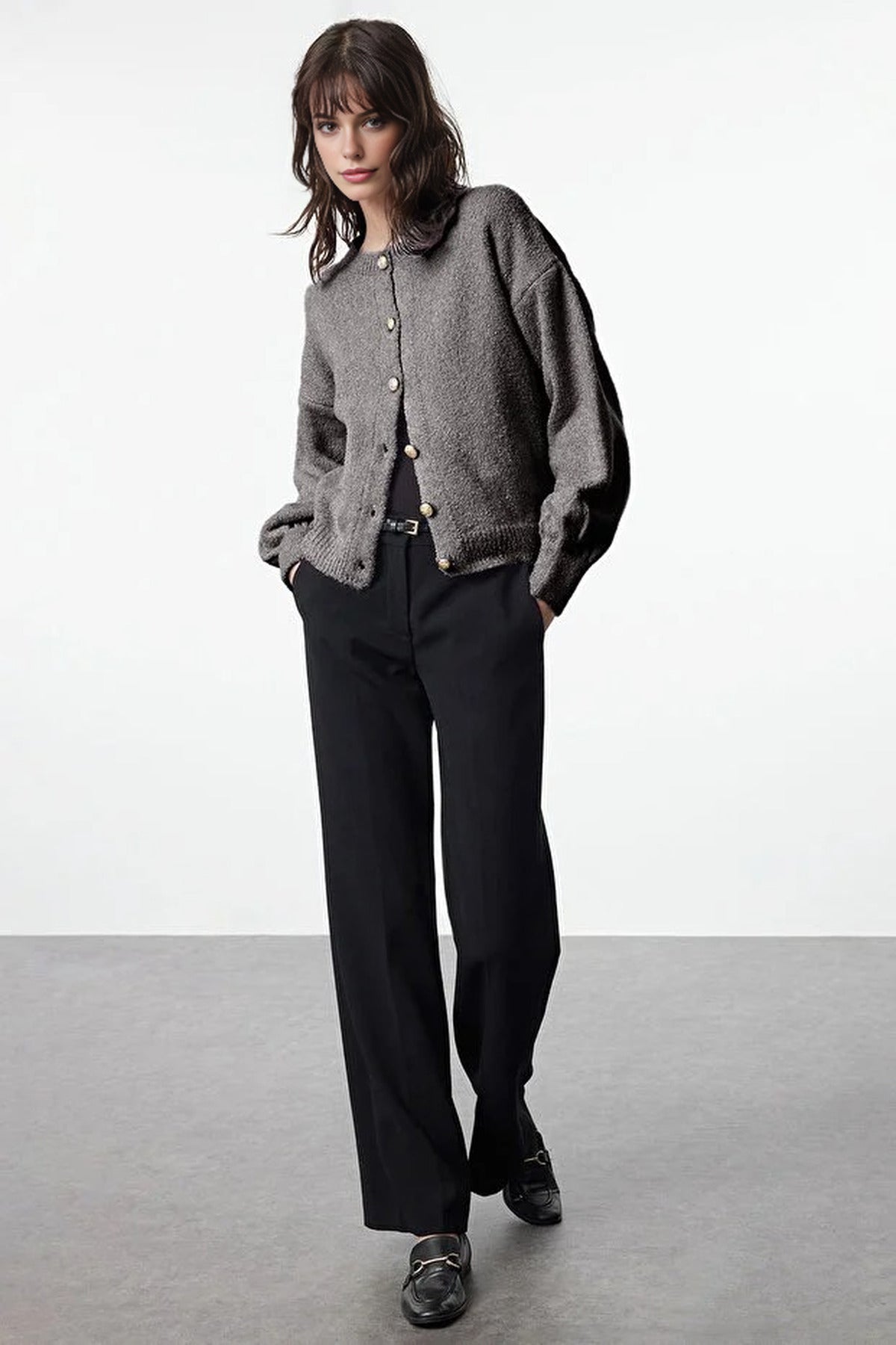 Soft-Textured Knit Cardigan with Button Detail and Balloon Sleeves