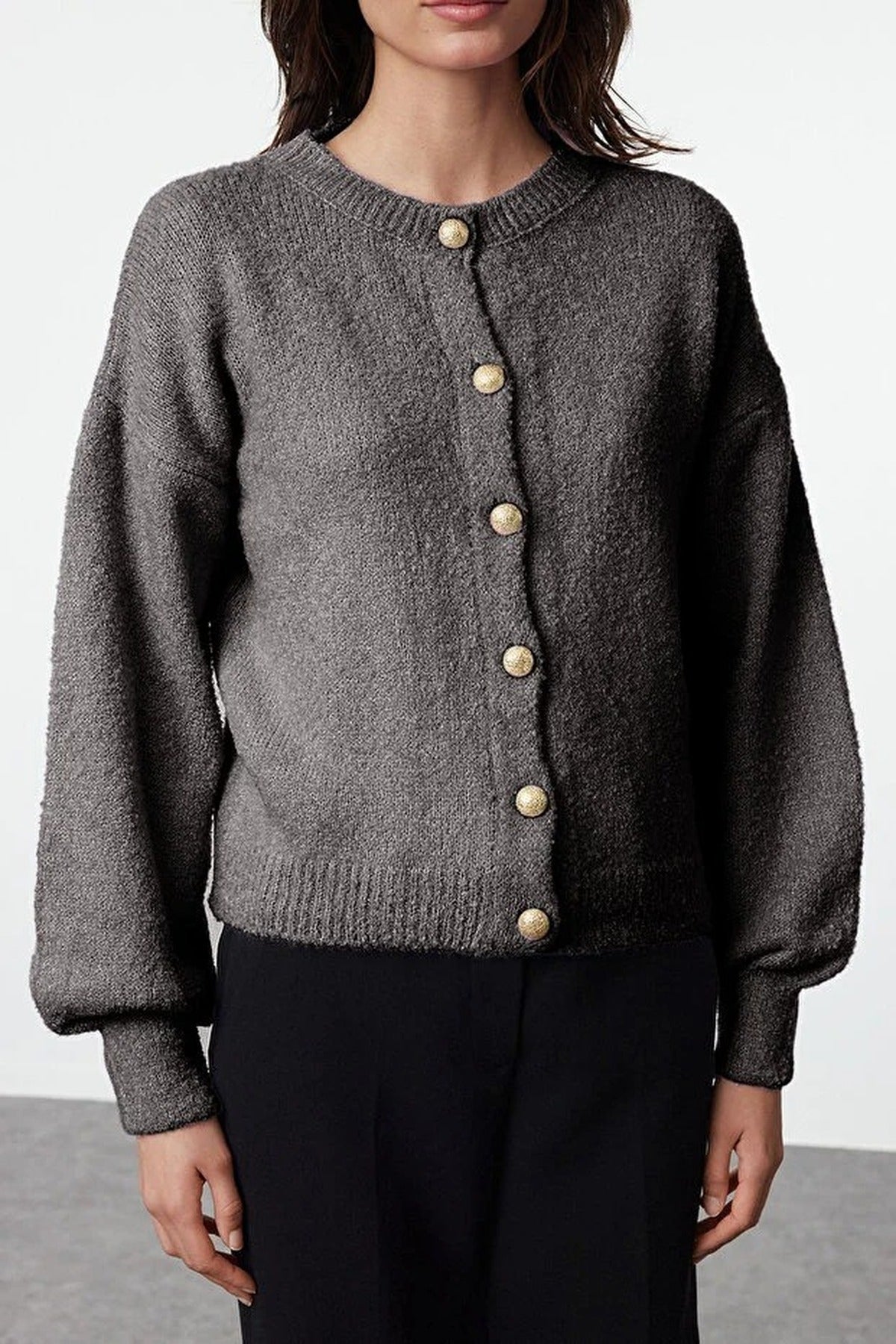 Soft-Textured Knit Cardigan with Button Detail and Balloon Sleeves