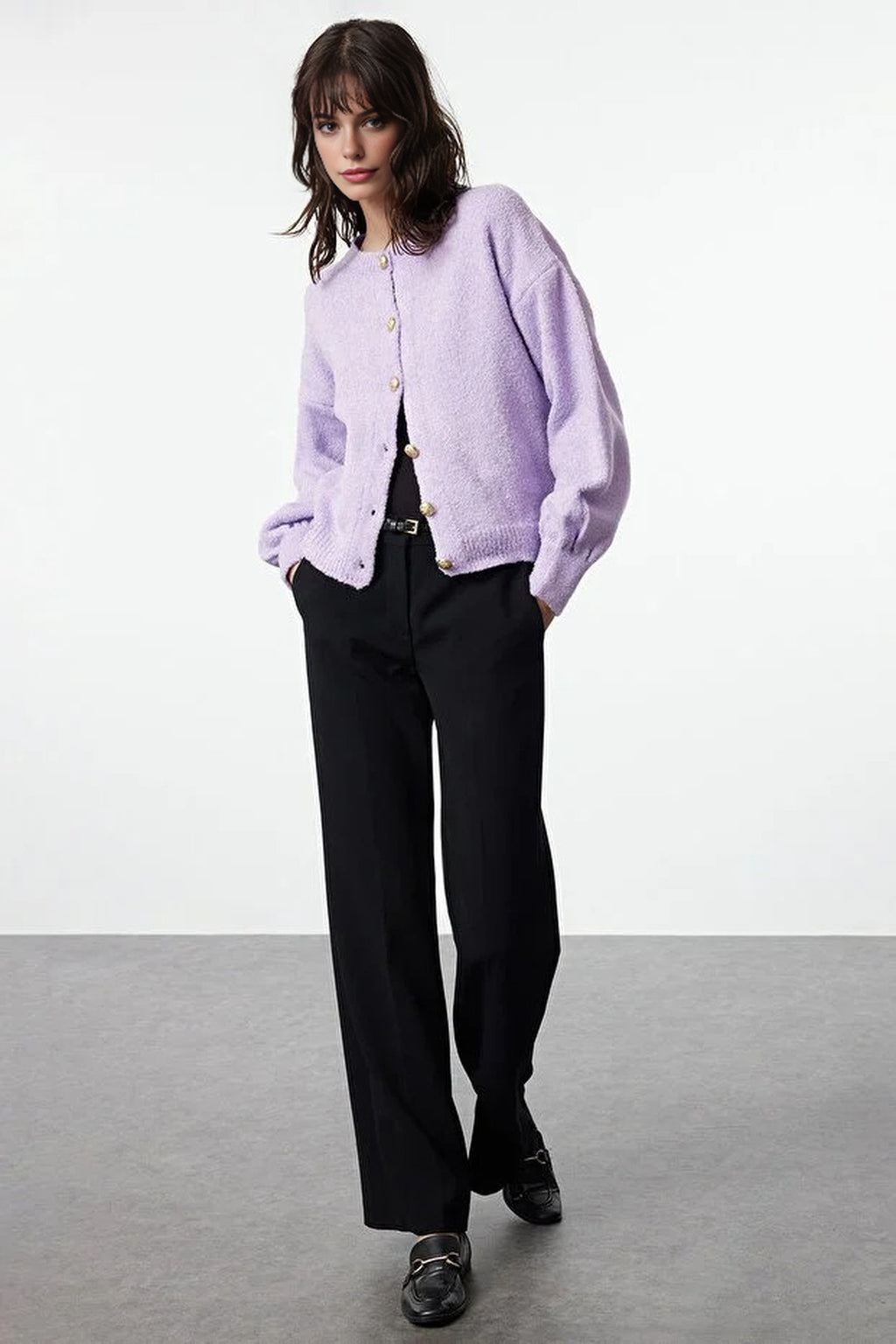 Soft-Textured Knit Cardigan with Button Detail and Balloon Sleeves