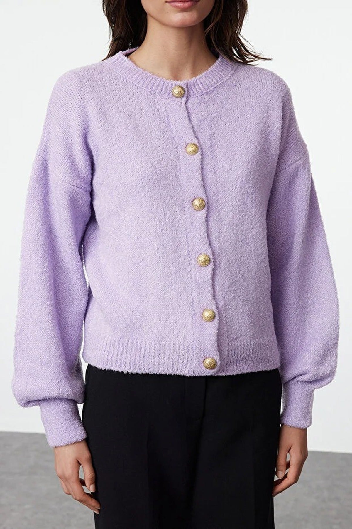 Soft-Textured Knit Cardigan with Button Detail and Balloon Sleeves